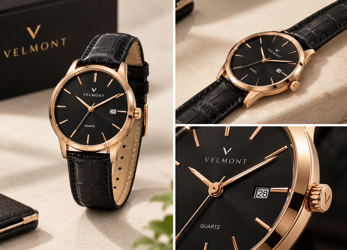 VELMONT Classic Black & Rose Gold Watch